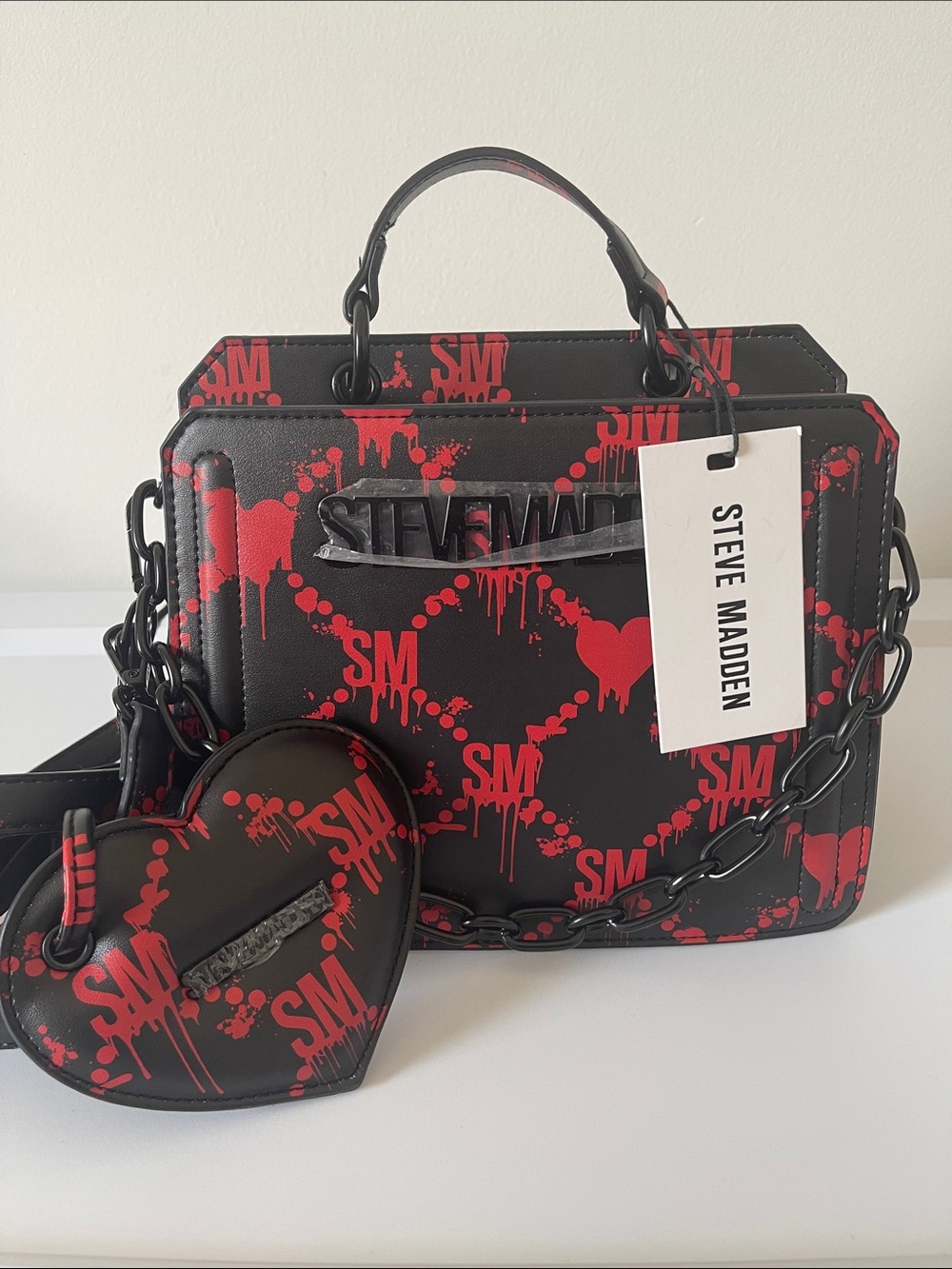Steve Madden Black and Red Heart Print Crossbody Satchel